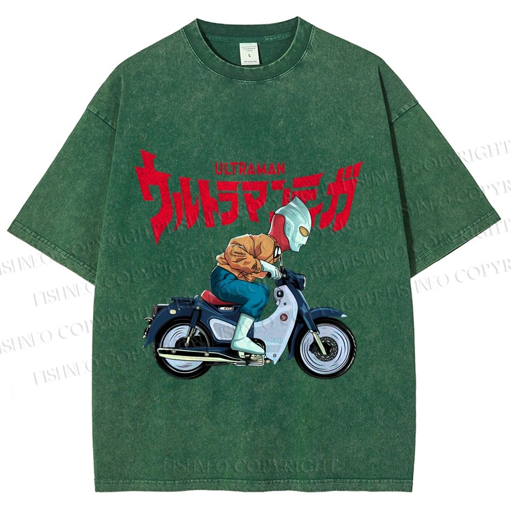 Unisex Japanese Ultra Man Motorcycle Printed Washed Tee