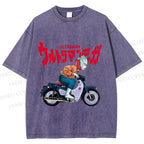 Unisex Japanese Ultra Man Motorcycle Printed Washed Tee
