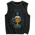 Unisex Vintage Bear Beer Hug Printed Washed Tank Top