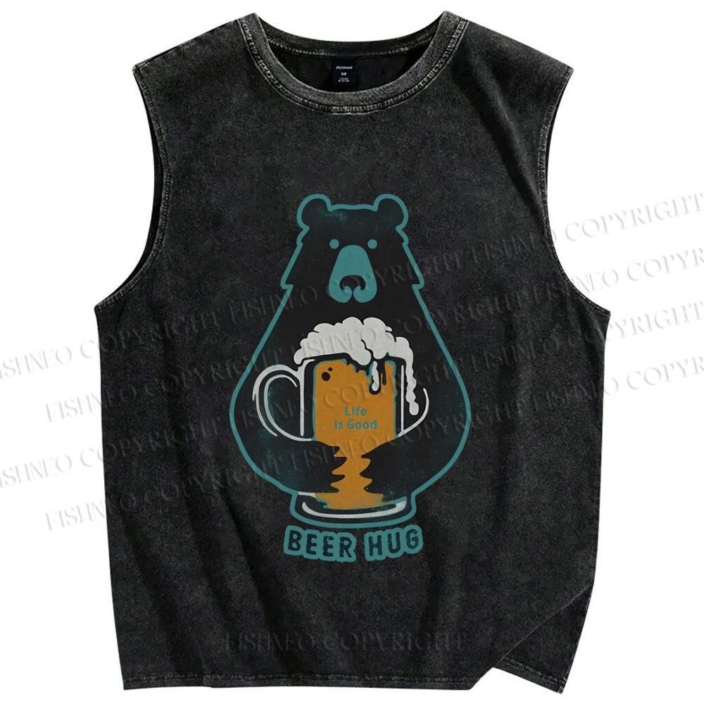 Unisex Vintage Bear Beer Hug Printed Washed Tank Top