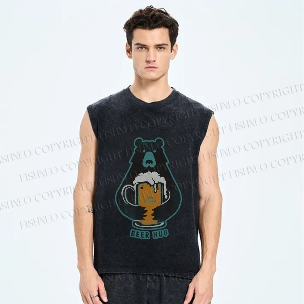Unisex Vintage Bear Beer Hug Printed Washed Tank Top