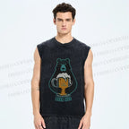 Unisex Vintage Bear Beer Hug Printed Washed Tank Top