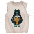 Unisex Vintage Bear Beer Hug Printed Washed Tank Top