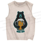 Unisex Vintage Bear Beer Hug Printed Washed Tank Top