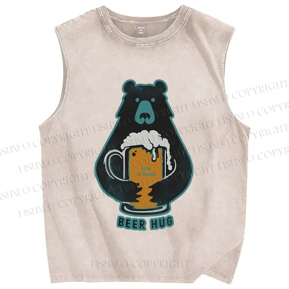 Unisex Vintage Bear Beer Hug Printed Washed Tank Top