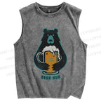 Unisex Vintage Bear Beer Hug Printed Washed Tank Top