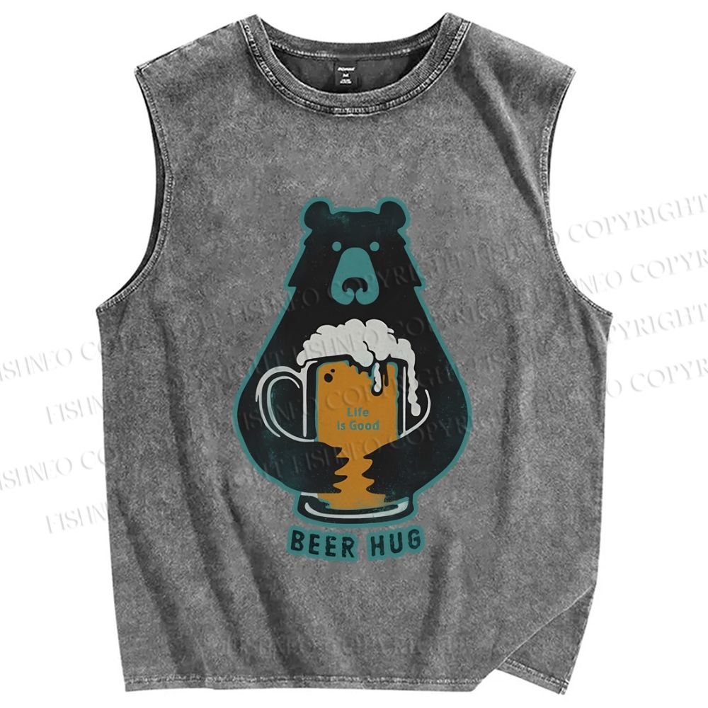 Unisex Vintage Bear Beer Hug Printed Washed Tank Top