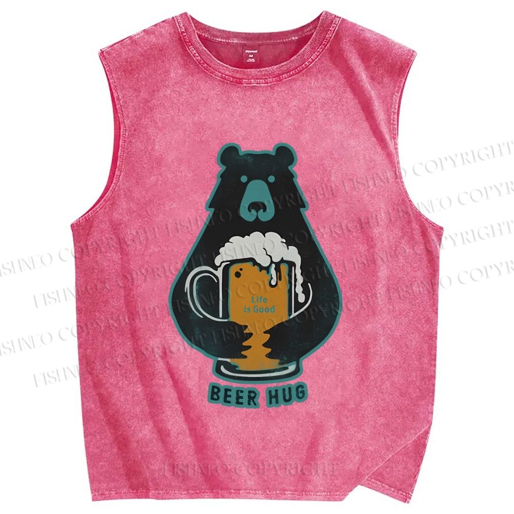 Unisex Vintage Bear Beer Hug Printed Washed Tank Top