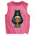 Unisex Vintage Bear Beer Hug Printed Washed Tank Top