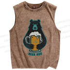 Unisex Vintage Bear Beer Hug Printed Washed Tank Top