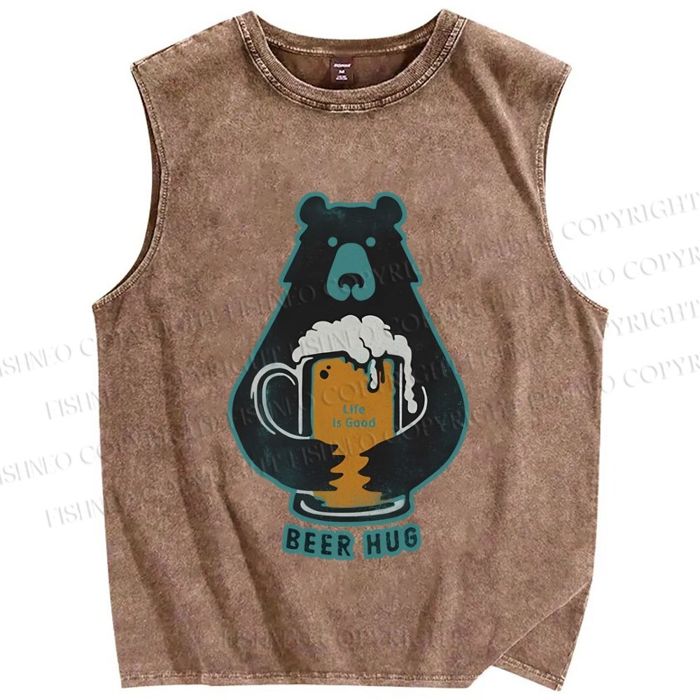 Unisex Vintage Bear Beer Hug Printed Washed Tank Top