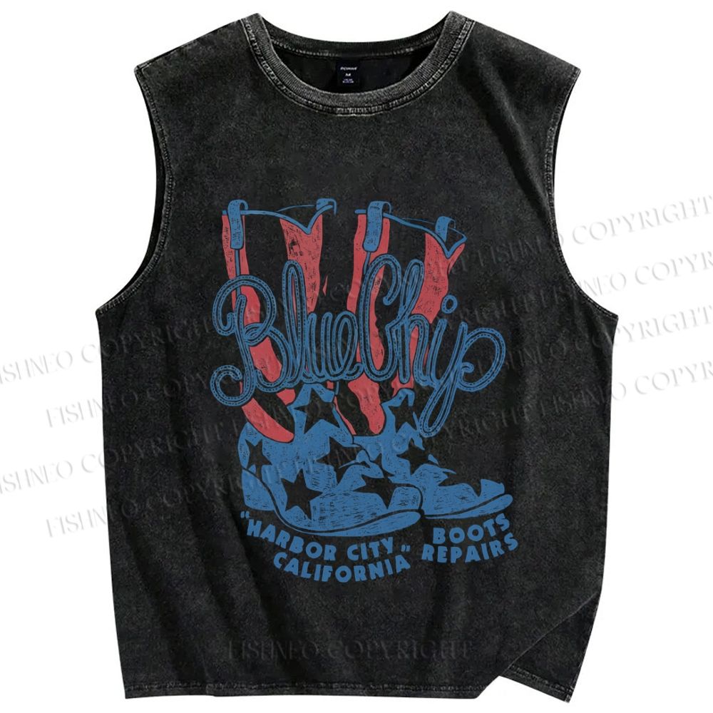 Unisex Vintage BlueChip Cowboy Boots Printed Washed Tank Top