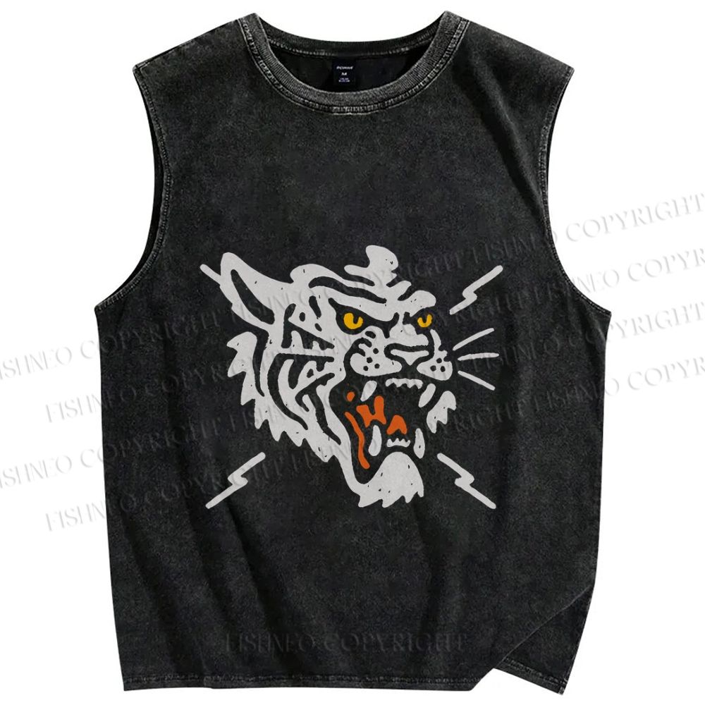 Unisex Vintage Tiger Graffiti Printed Washed Tank Top