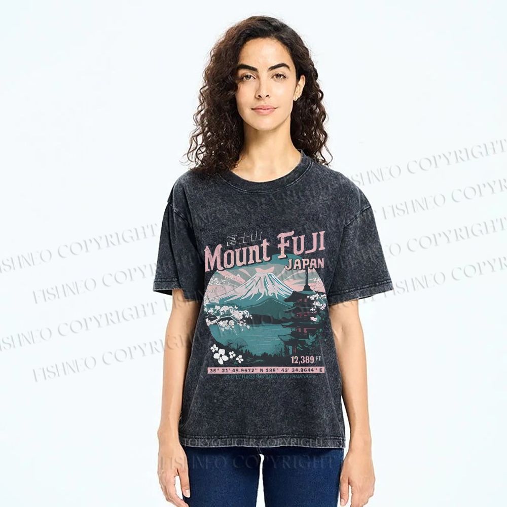 Unisex Mountain Fuji Japan Vintage Printed Washed Tee
