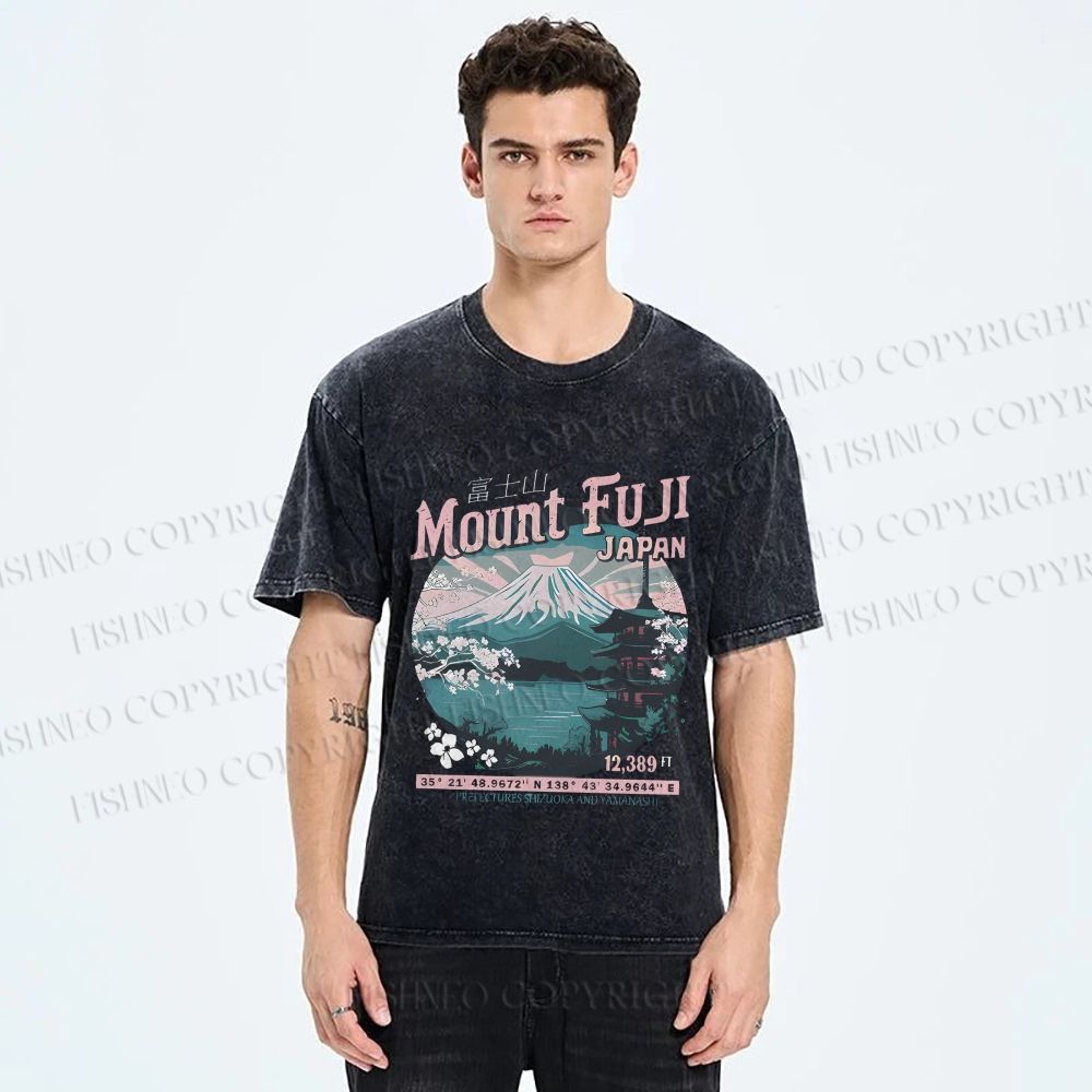 Unisex Mountain Fuji Japan Vintage Printed Washed Tee