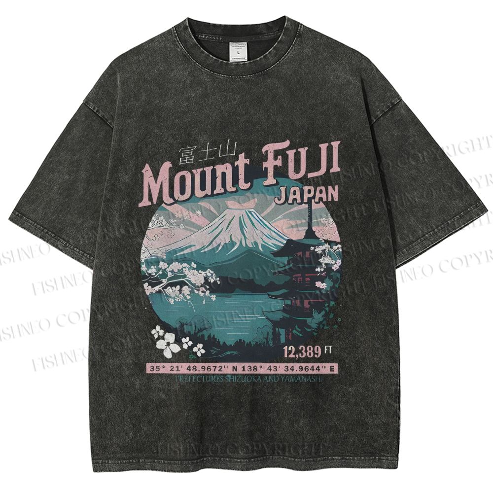 Unisex Mountain Fuji Japan Vintage Printed Washed Tee