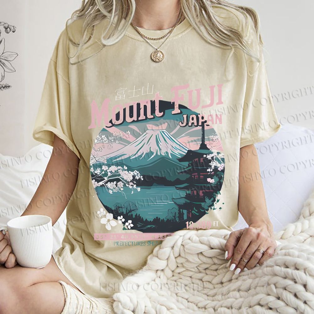 Unisex Mountain Fuji Japan Vintage Printed Washed Tee