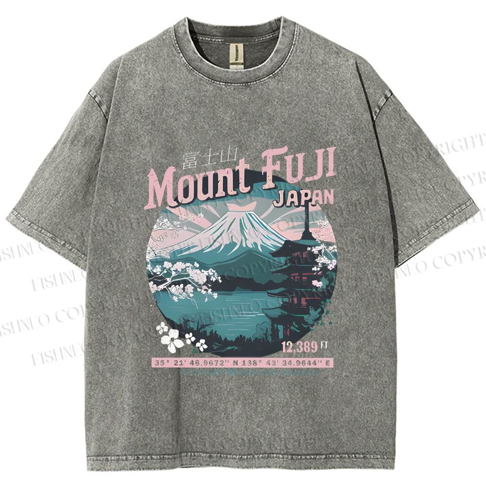 Unisex Mountain Fuji Japan Vintage Printed Washed Tee