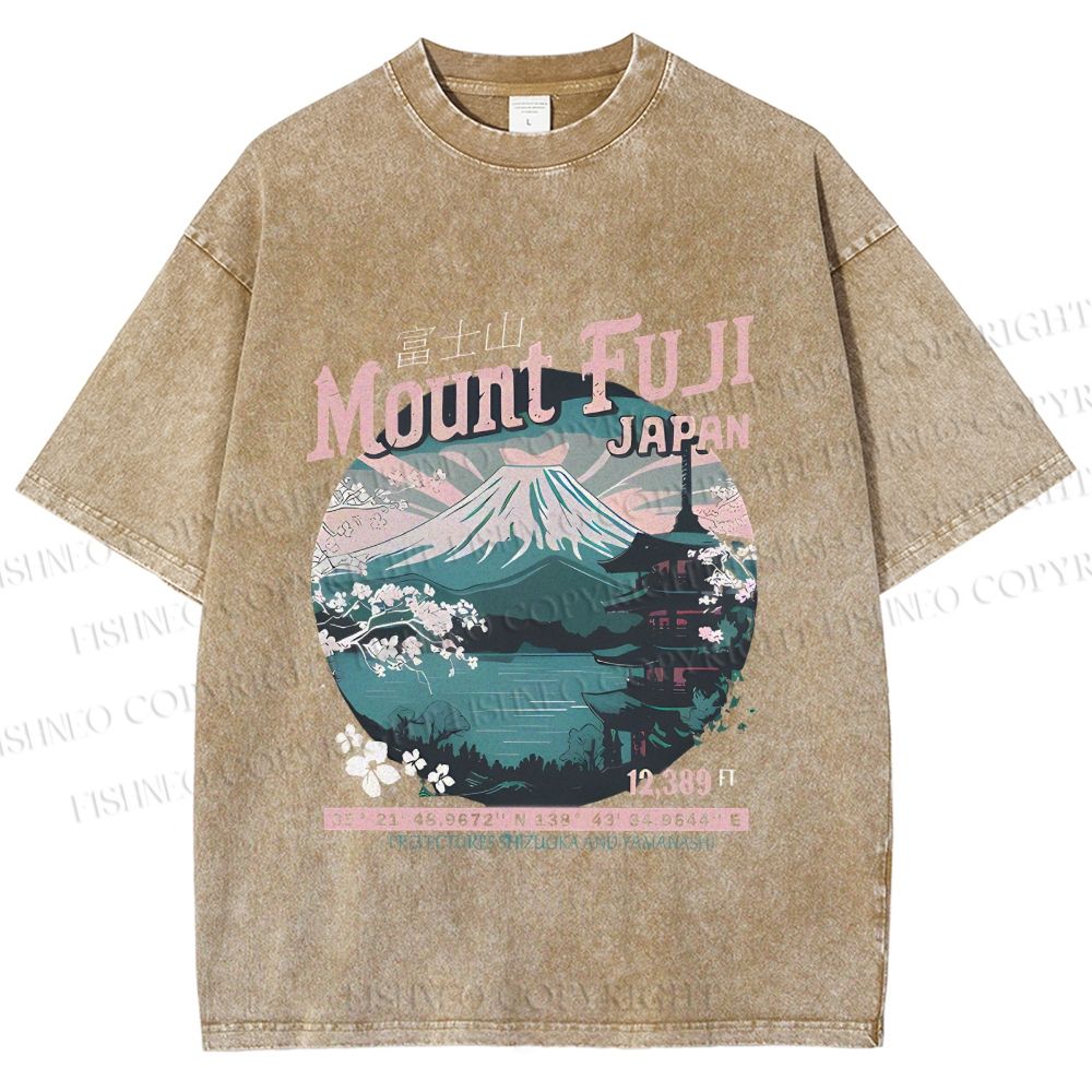 Unisex Mountain Fuji Japan Vintage Printed Washed Tee