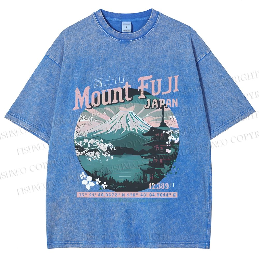 Unisex Mountain Fuji Japan Vintage Printed Washed Tee