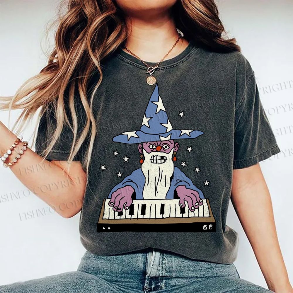 Unisex Cartoon Magician Printed Washed Tee