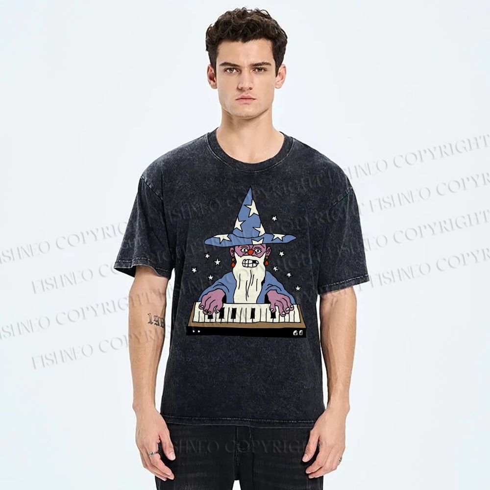 Unisex Cartoon Magician Printed Washed Tee