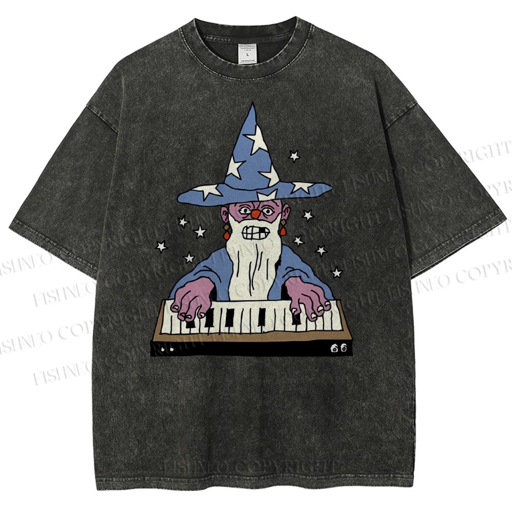 Unisex Cartoon Magician Printed Washed Tee