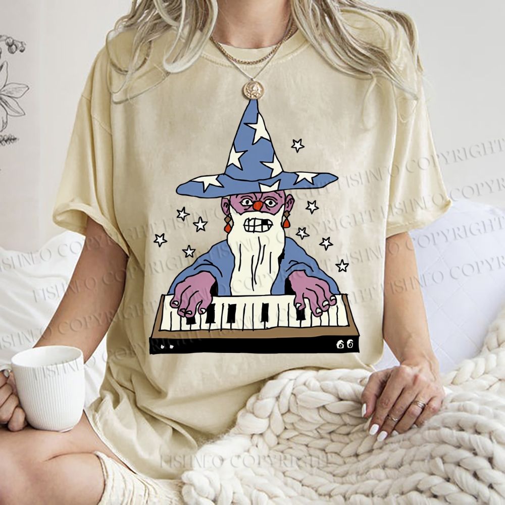 Unisex Cartoon Magician Printed Washed Tee
