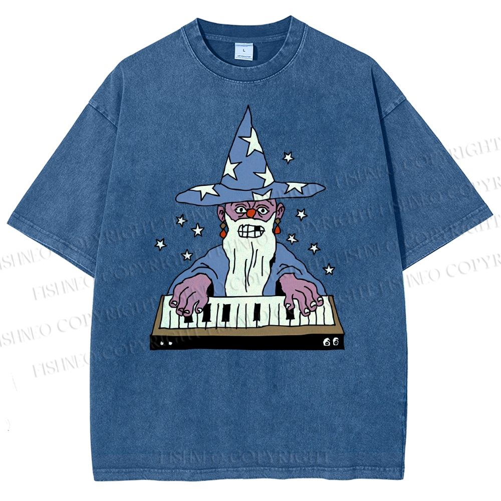 Unisex Cartoon Magician Printed Washed Tee