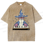 Unisex Cartoon Magician Printed Washed Tee