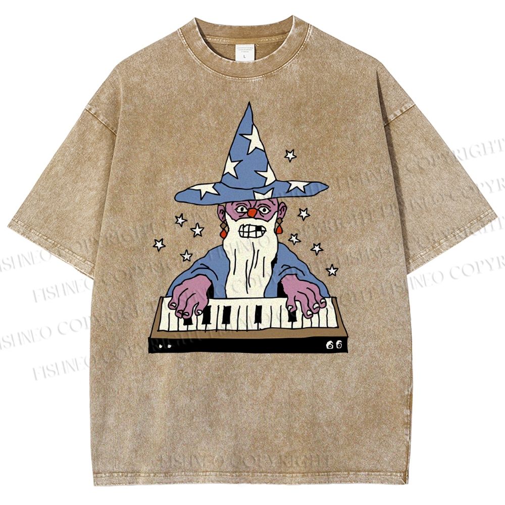 Unisex Cartoon Magician Printed Washed Tee
