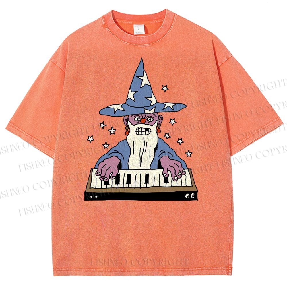 Unisex Cartoon Magician Printed Washed Tee