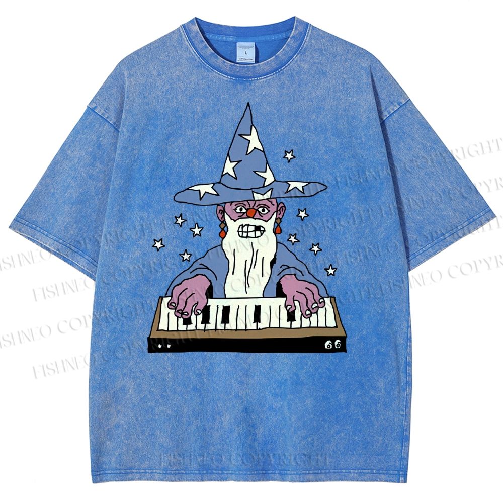 Unisex Cartoon Magician Printed Washed Tee