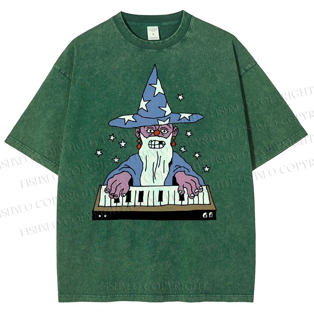 Unisex Cartoon Magician Printed Washed Tee