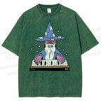 Unisex Cartoon Magician Printed Washed Tee