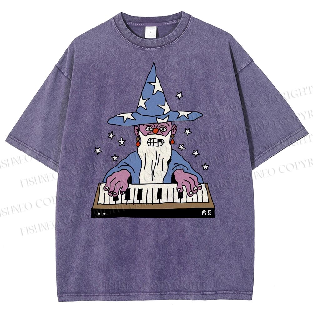 Unisex Cartoon Magician Printed Washed Tee