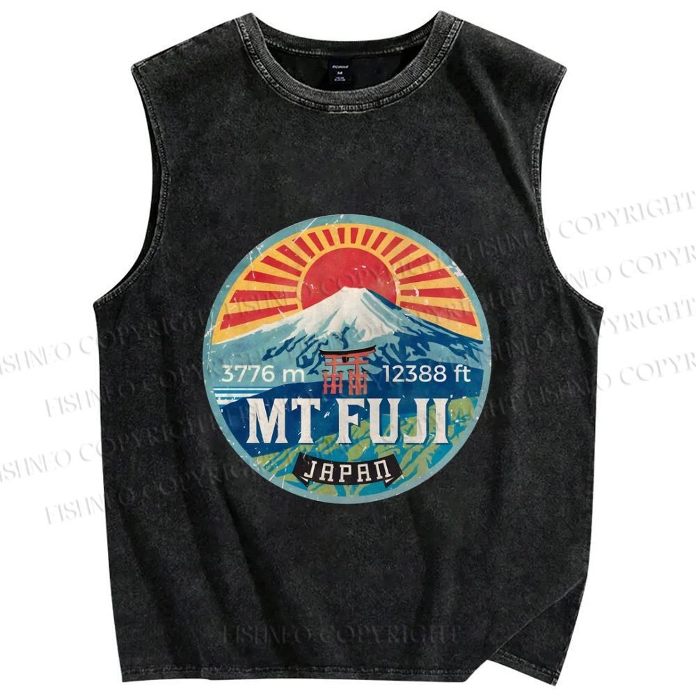 Unisex Japanese Mount Fuji Printed Washed Tank Top
