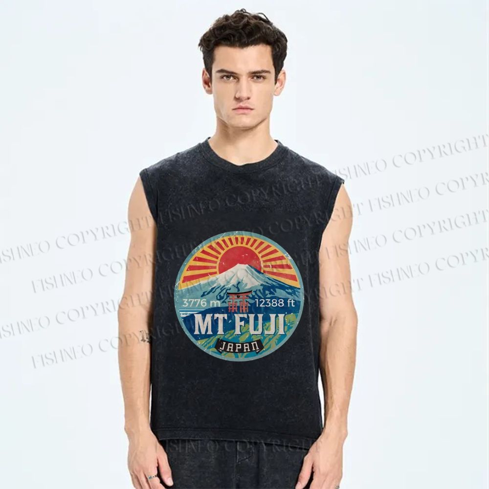 Unisex Japanese Mount Fuji Printed Washed Tank Top