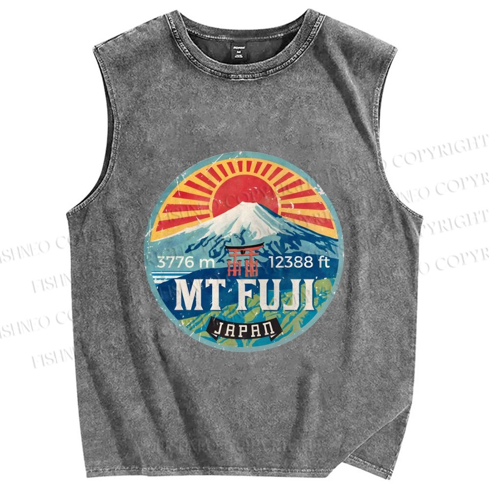 Unisex Japanese Mount Fuji Printed Washed Tank Top