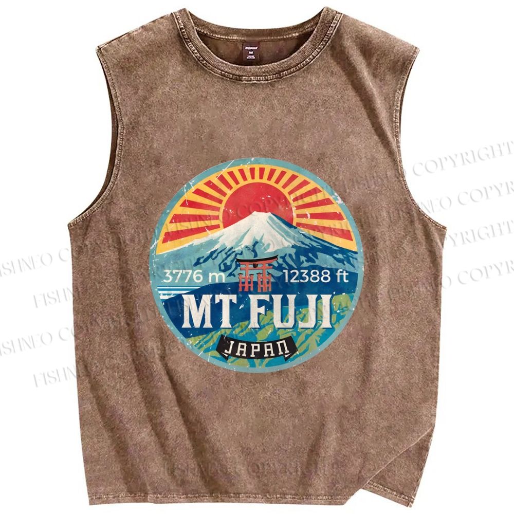 Unisex Japanese Mount Fuji Printed Washed Tank Top