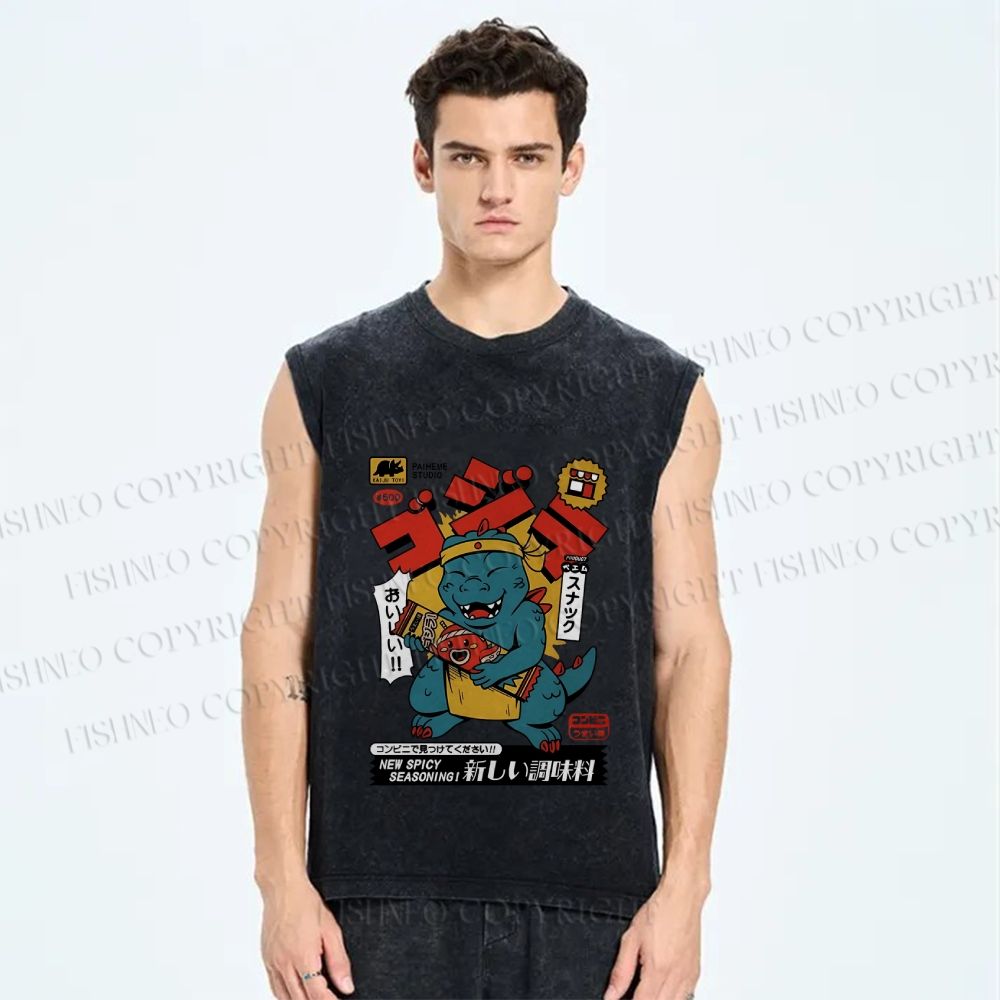 Unisex Vintage Dinosaur Graffiti Printed Washed Tank Top