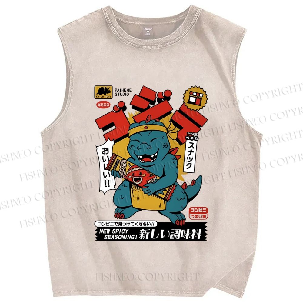 Unisex Vintage Dinosaur Graffiti Printed Washed Tank Top