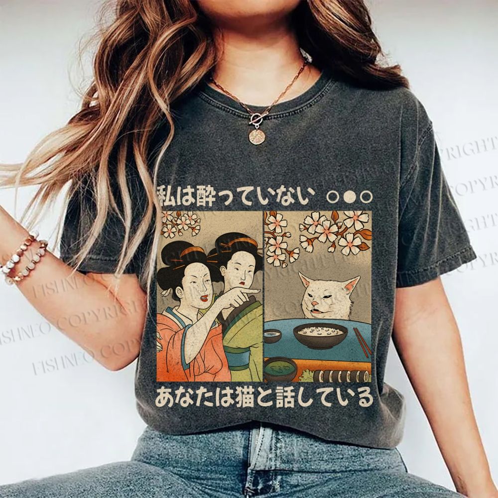 Unisex Japanese Art Drunk Woman Cat Printed Washed Tee