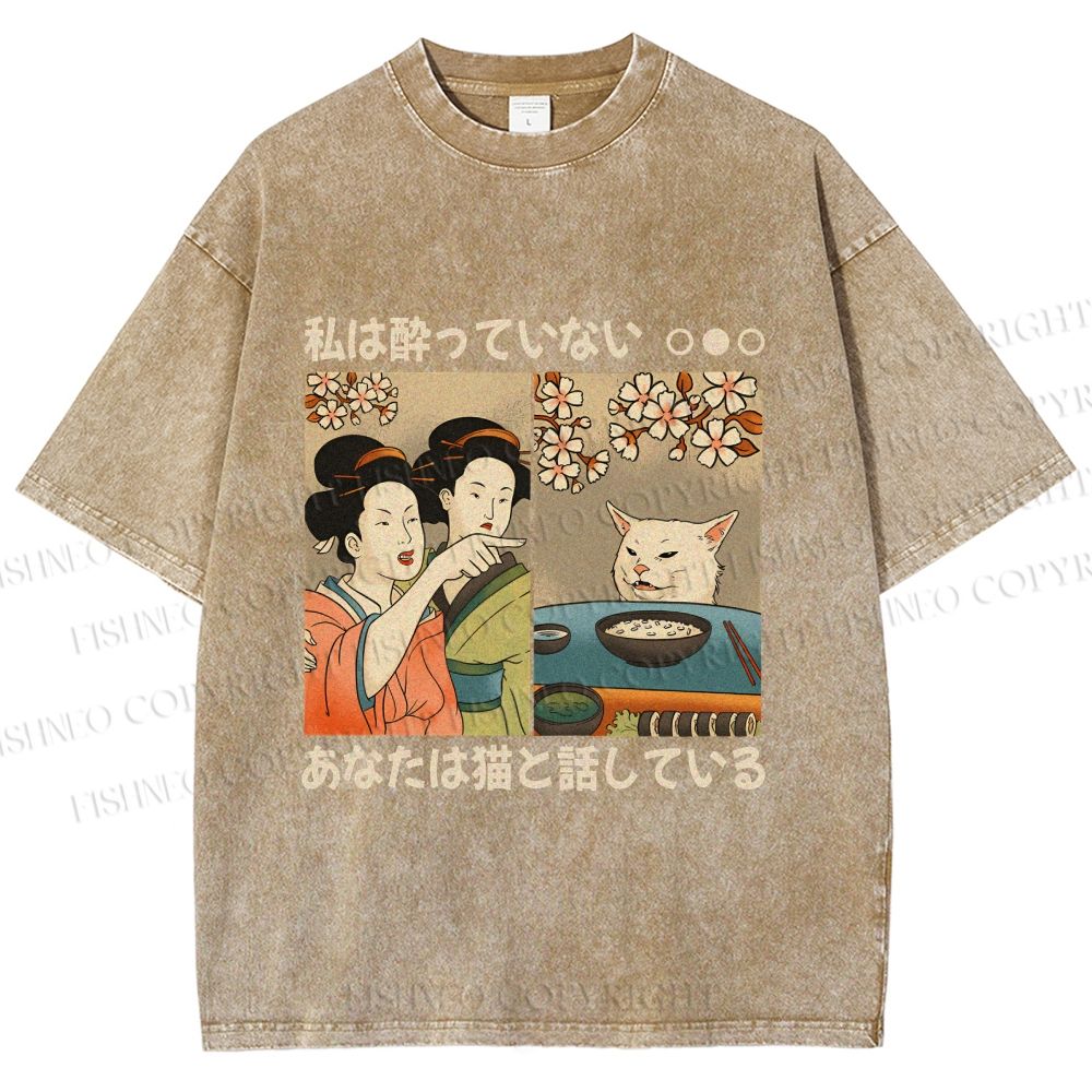 Unisex Japanese Art Drunk Woman Cat Printed Washed Tee
