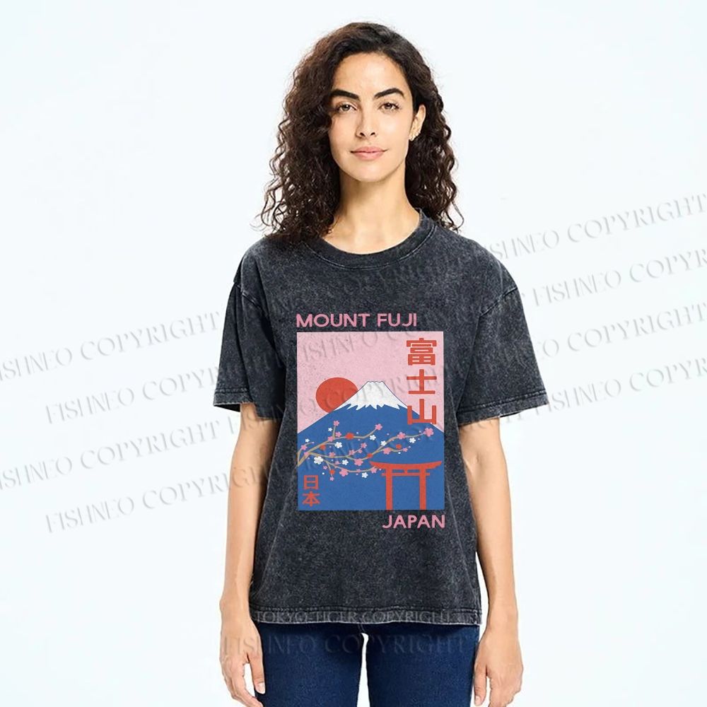 Unisex Japanese Mount Fuji Printed Washed Tee
