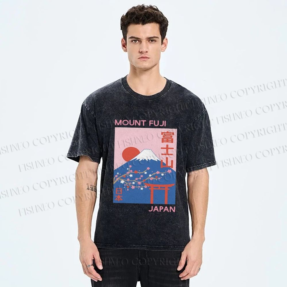 Unisex Japanese Mount Fuji Printed Washed Tee