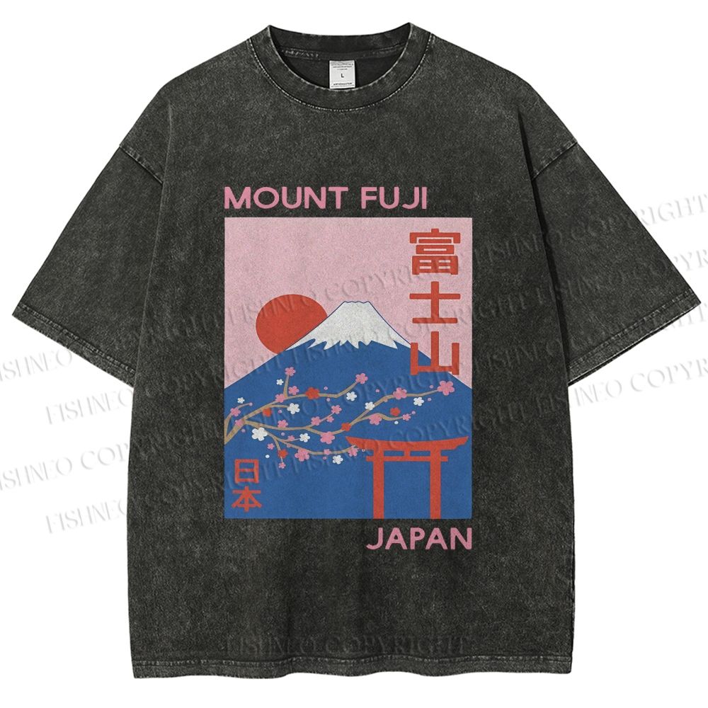 Unisex Japanese Mount Fuji Printed Washed Tee
