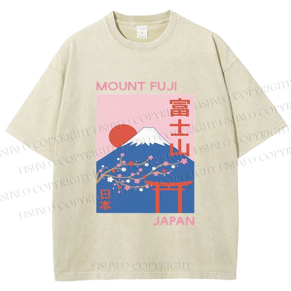 Unisex Japanese Mount Fuji Printed Washed Tee