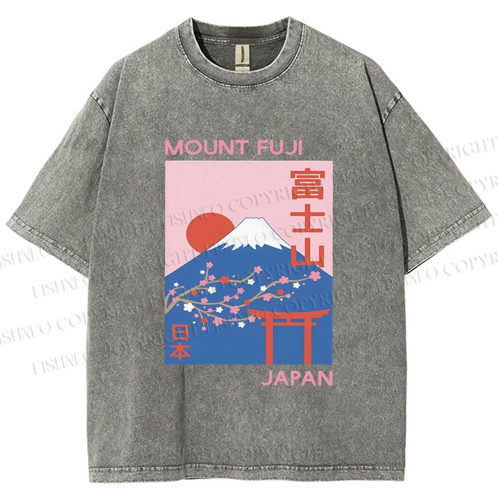 Unisex Japanese Mount Fuji Printed Washed Tee