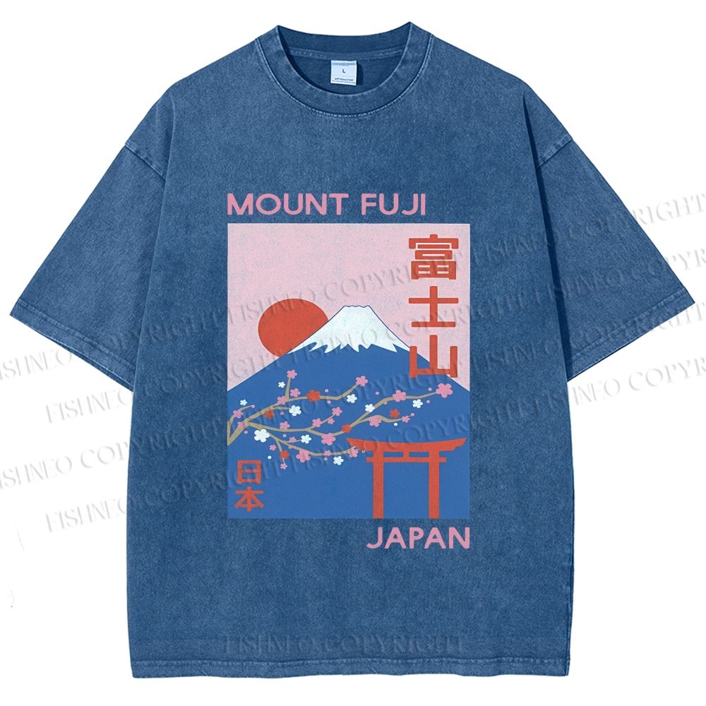Unisex Japanese Mount Fuji Printed Washed Tee